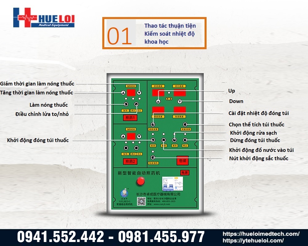 chức năng các nút điều khiển máy sắc thuốc kèm đóng túi 2 nồi đun