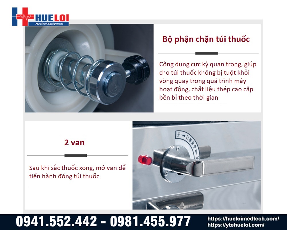 bộ phận đóng túi và van mở thuốc máy đóng túi kèm sắc thuốc tự động 3 nồi đun